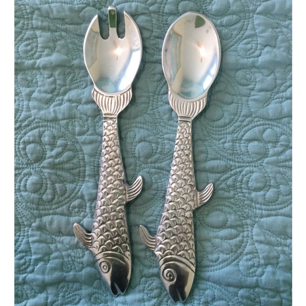 Salad Serving Utensils Fork and Spoon Sandcast Aluminum 12" - Picture 2 of 3